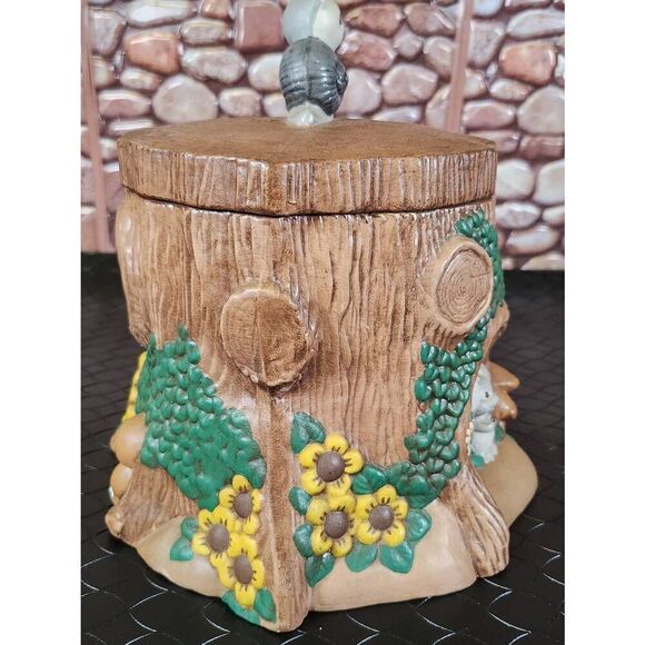 Vintage Rare Hand Painted Ceramic Cookie Jar Gnome Tree House W/ Snail Mushroom - Picture 8 of 14